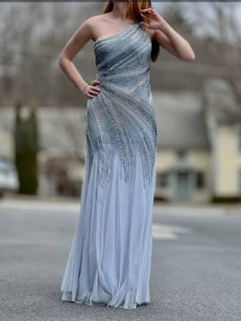 Adrianna Papell | Dresses | Adriannapapell Serenity Light Blue Beaded One Shoulder Mermaid Gown Sz 4 Nwt